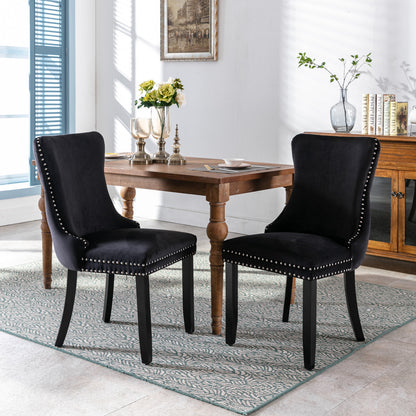 2 pcs High-End Wing Back Tufted Modern Contemporary Velvet Chair with Wooden Legs- Black