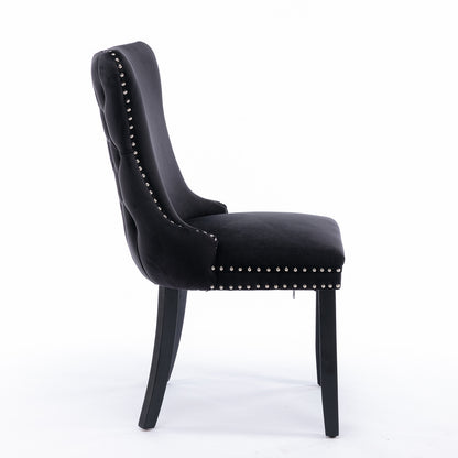 2 pcs High-End Wing Back Tufted Modern Contemporary Velvet Chair with Wooden Legs- Black