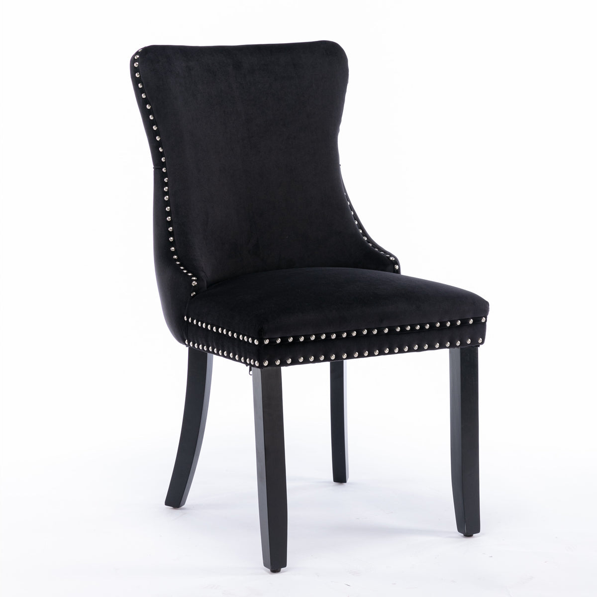2 pcs High-End Wing Back Tufted Modern Contemporary Velvet Chair with Wooden Legs- Black