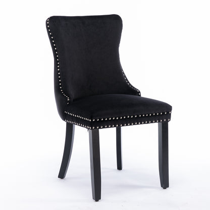 2 pcs High-End Wing Back Tufted Modern Contemporary Velvet Chair with Wooden Legs- Black