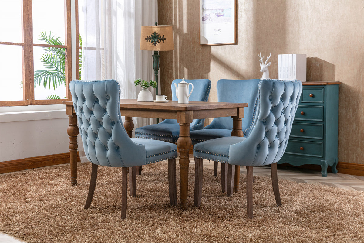 2 pcs High-End Wing Back Tufted Modern Contemporary Velvet Chair with Wooden Legs- Light Blue