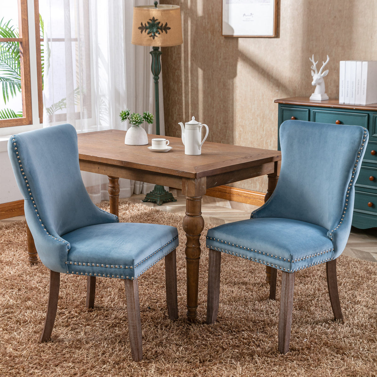 2 pcs High-End Wing Back Tufted Modern Contemporary Velvet Chair with Wooden Legs- Light Blue