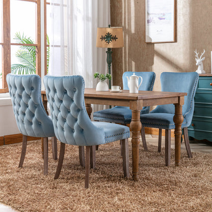 2 pcs High-End Wing Back Tufted Modern Contemporary Velvet Chair with Wooden Legs- Light Blue