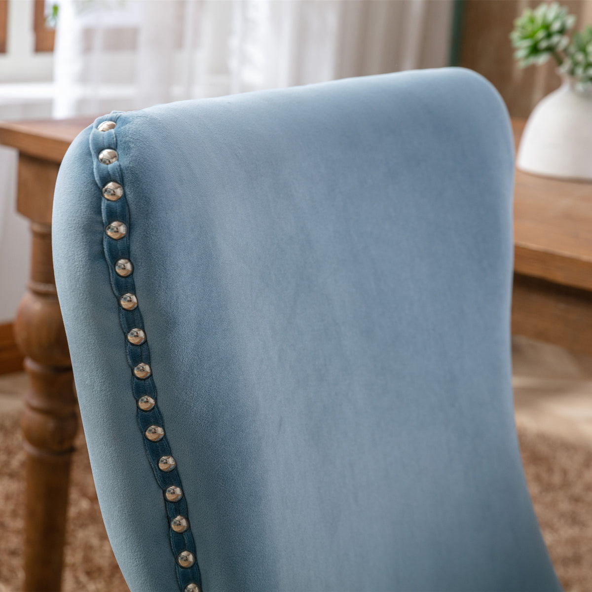 2 pcs High-End Wing Back Tufted Modern Contemporary Velvet Chair with Wooden Legs- Light Blue