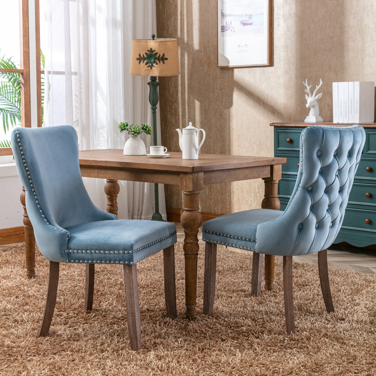 2 pcs High-End Wing Back Tufted Modern Contemporary Velvet Chair with Wooden Legs- Light Blue