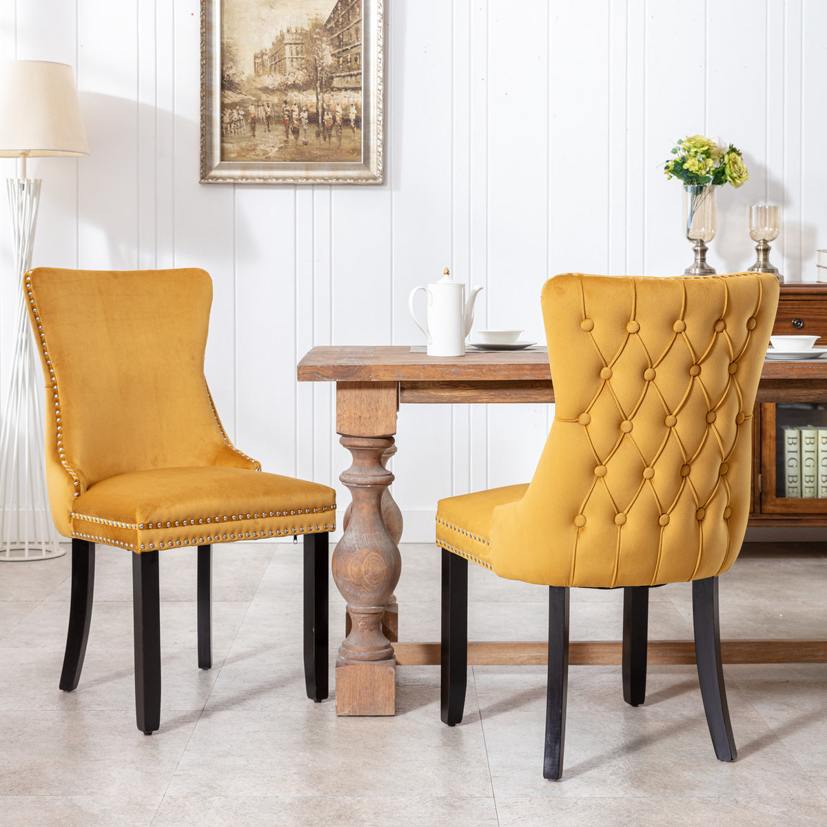 2 pcs High-End Wing Back Tufted Modern Contemporary Velvet Chair with Wooden Legs- Gold