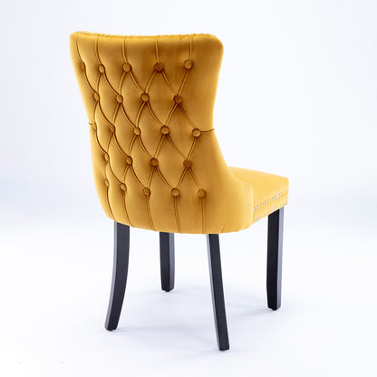 2 pcs High-End Wing Back Tufted Modern Contemporary Velvet Chair with Wooden Legs- Gold