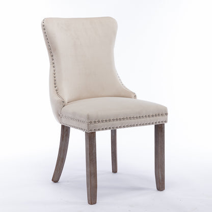 2 pcs High-End Wing Back Tufted Modern Contemporary Velvet Chair with Wooden Legs- Beige