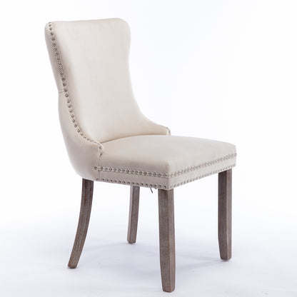 2 pcs High-End Wing Back Tufted Modern Contemporary Velvet Chair with Wooden Legs- Beige