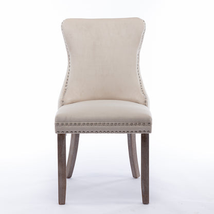 2 pcs High-End Wing Back Tufted Modern Contemporary Velvet Chair with Wooden Legs- Beige
