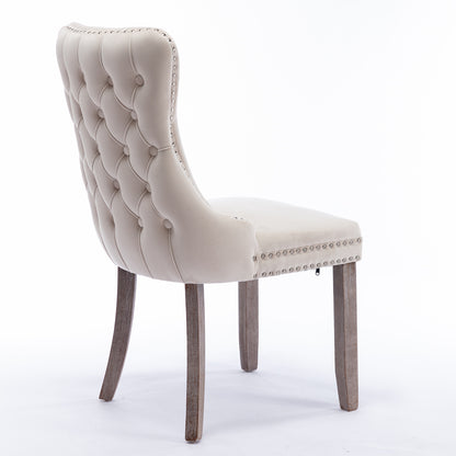 2 pcs High-End Wing Back Tufted Modern Contemporary Velvet Chair with Wooden Legs- Beige