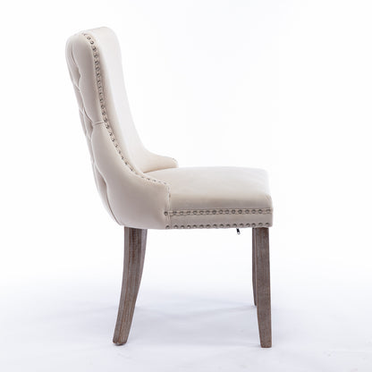 2 pcs High-End Wing Back Tufted Modern Contemporary Velvet Chair with Wooden Legs- Beige