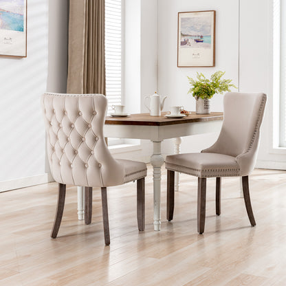 2 pcs High-End Wing Back Tufted Modern Contemporary Velvet Chair with Wooden Legs- Beige