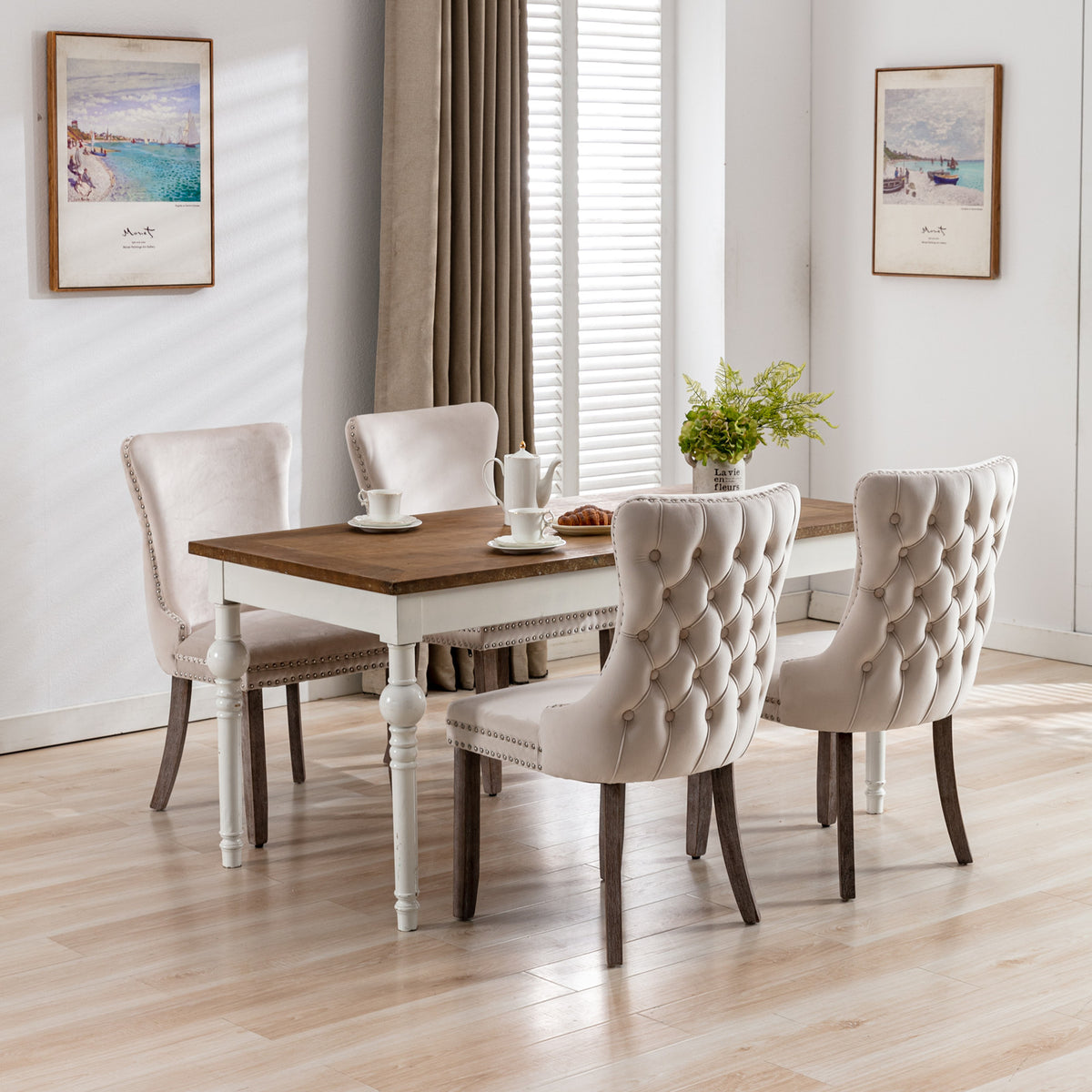2 pcs High-End Wing Back Tufted Modern Contemporary Velvet Chair with Wooden Legs- Beige