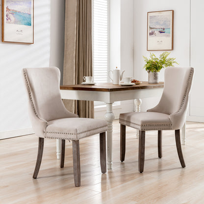 2 pcs High-End Wing Back Tufted Modern Contemporary Velvet Chair with Wooden Legs- Beige
