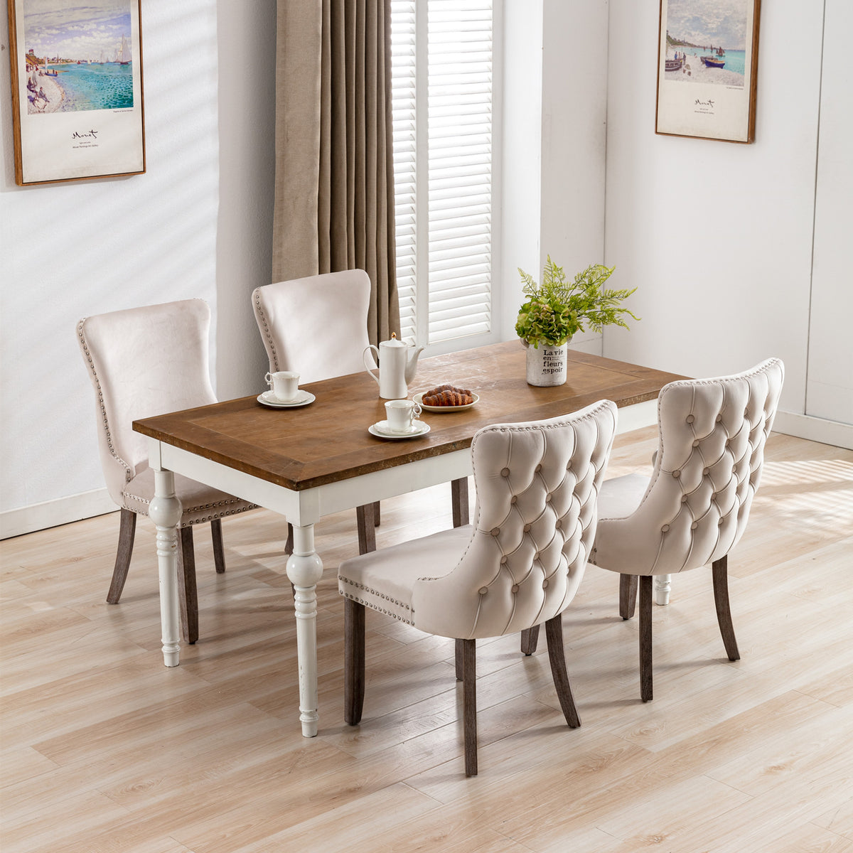 2 pcs High-End Wing Back Tufted Modern Contemporary Velvet Chair with Wooden Legs- Beige