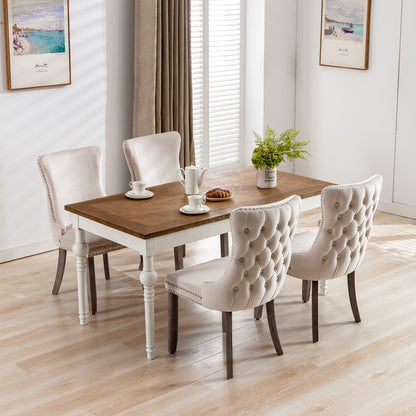2 pcs High-End Wing Back Tufted Modern Contemporary Velvet Chair with Wooden Legs- Beige