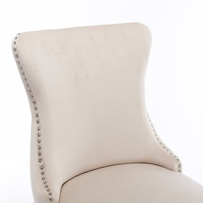 2 pcs High-End Wing Back Tufted Modern Contemporary Velvet Chair with Wooden Legs- Beige