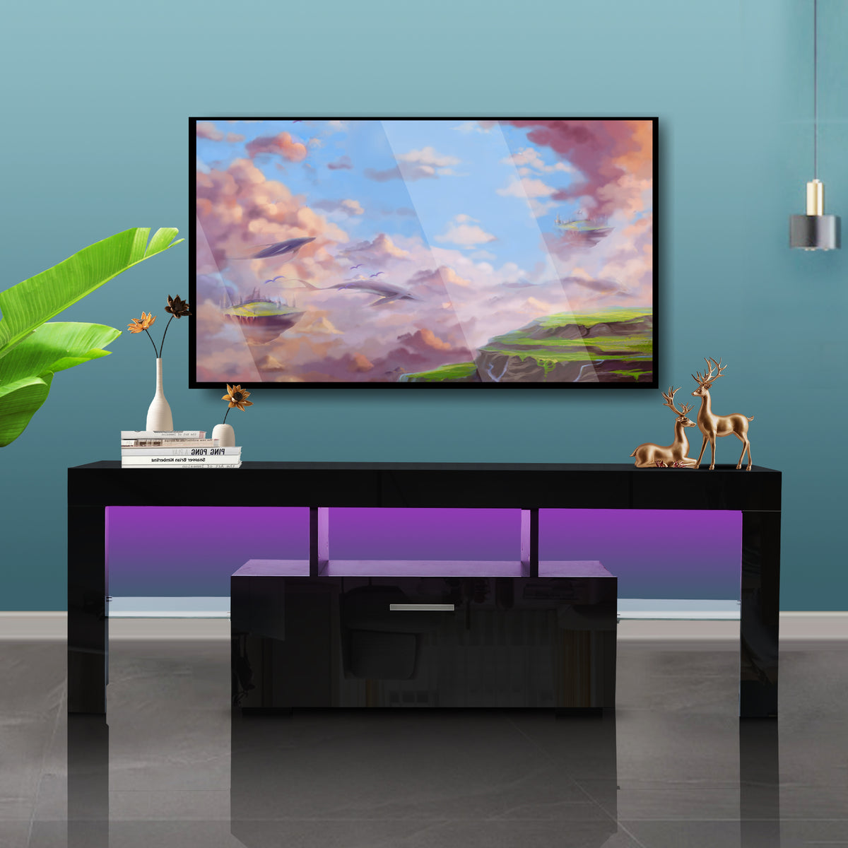 Modern TV Console Storage Media TV Organizing Cabinet Worktop- Black