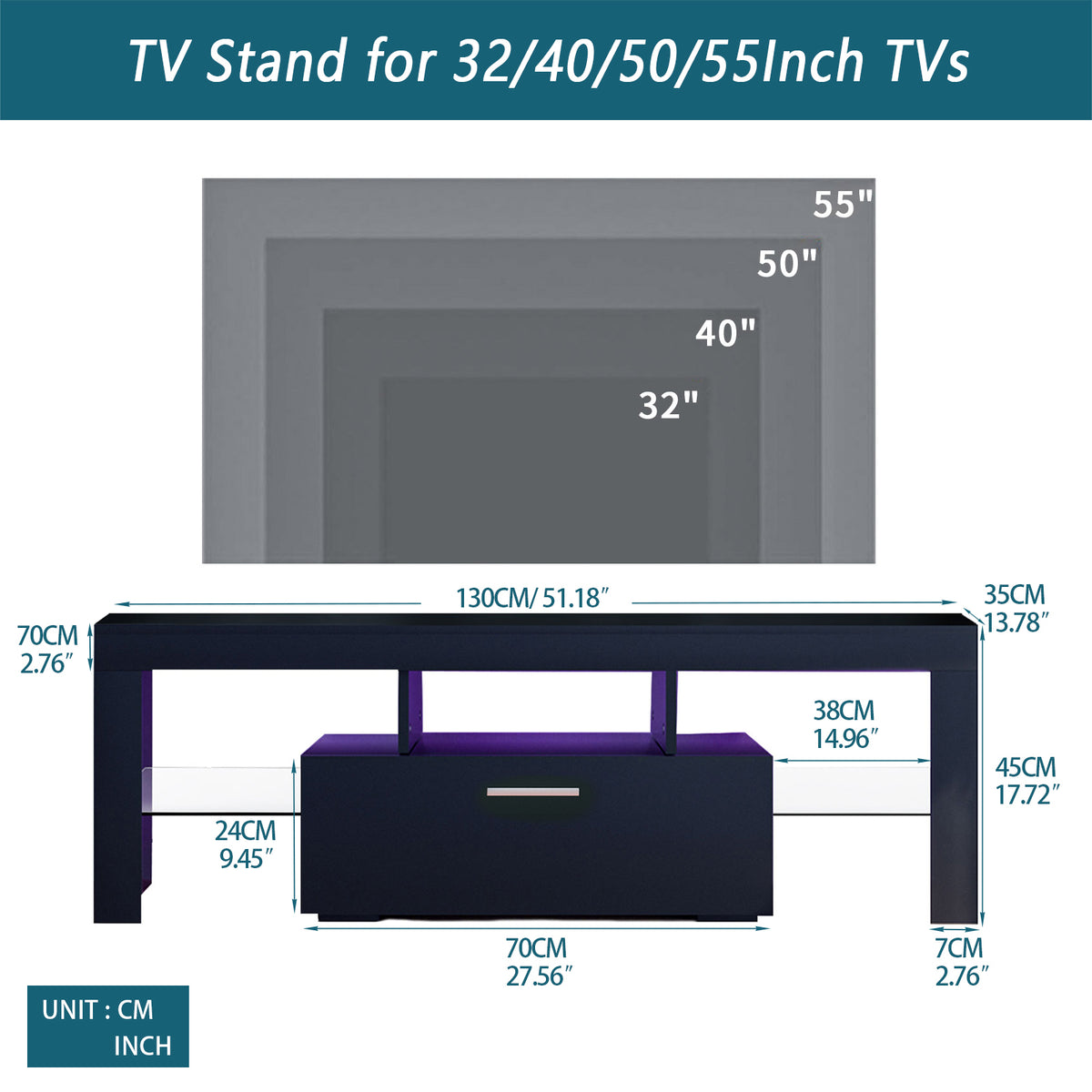 Modern TV Console Storage Media TV Organizing Cabinet Worktop- Black