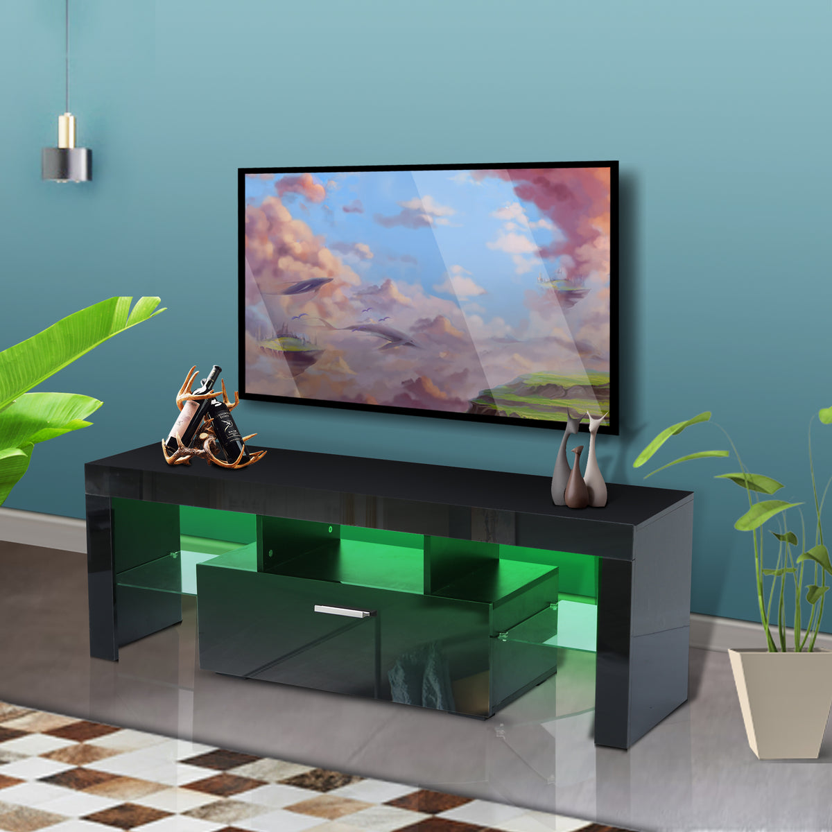 Modern TV Console Storage Media TV Organizing Cabinet Worktop- Black