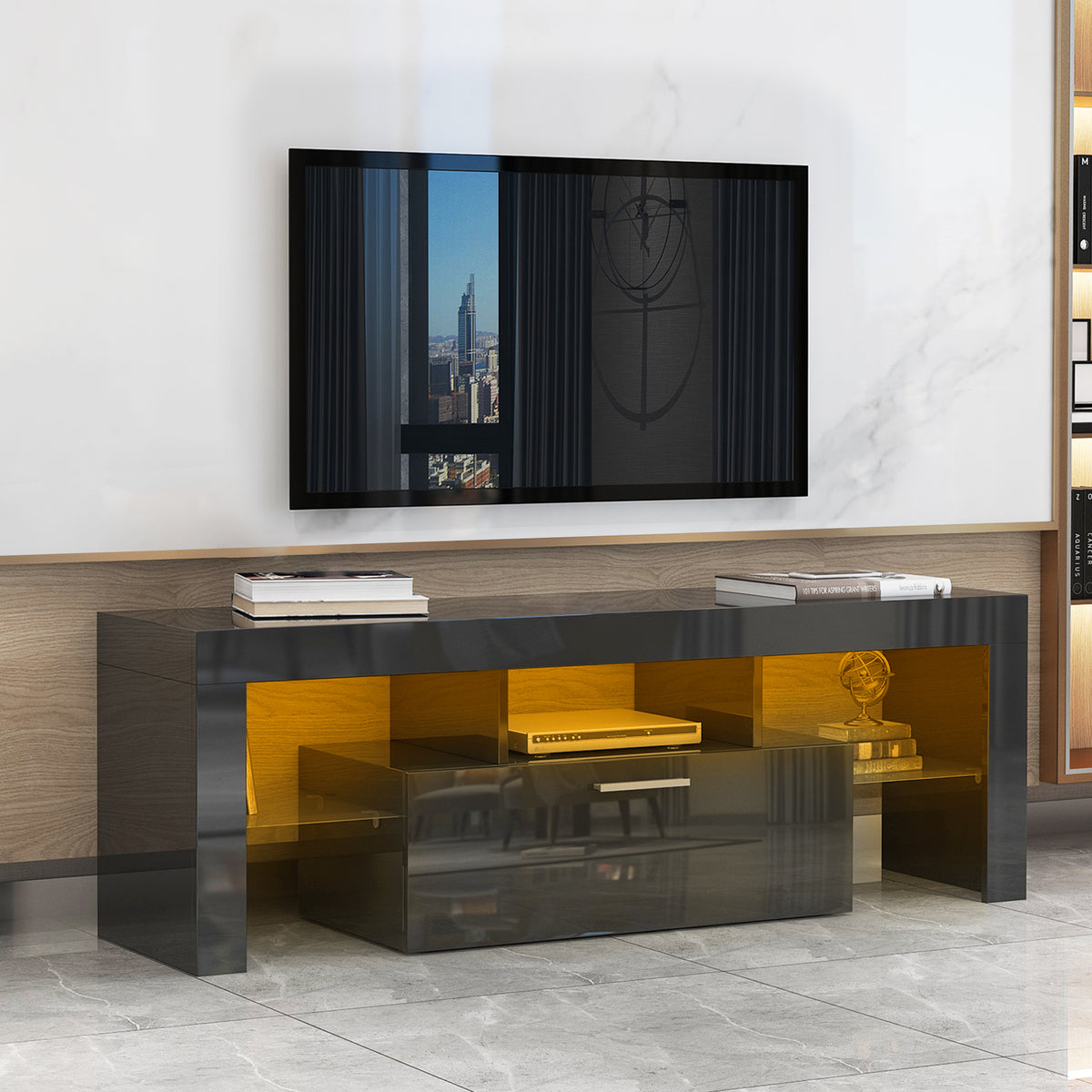 Modern TV Console Storage Media TV Organizing Cabinet Worktop- Black