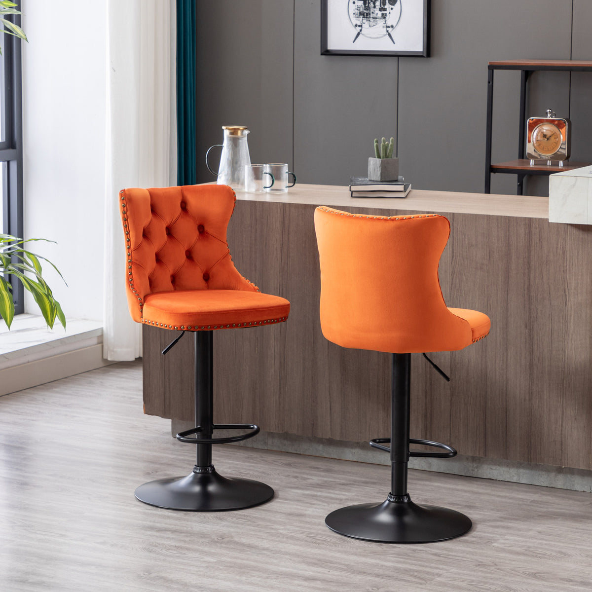 Set of 2 Modern Upholstered Tufted Velvet Armless Bar Stools with Back Rest- Orange