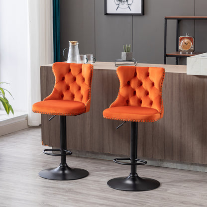 Set of 2 Modern Upholstered Tufted Velvet Armless Bar Stools with Back Rest- Orange
