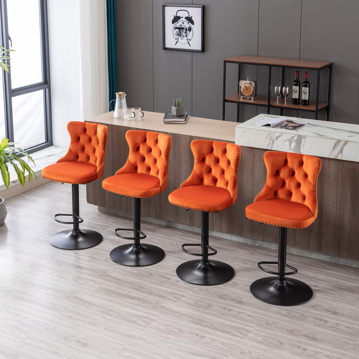 Set of 2 Modern Upholstered Tufted Velvet Armless Bar Stools with Back Rest- Orange