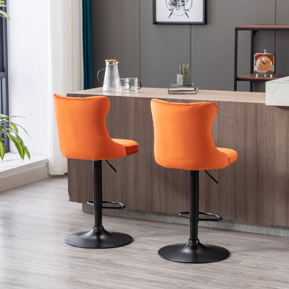 Set of 2 Modern Upholstered Tufted Velvet Armless Bar Stools with Back Rest- Orange
