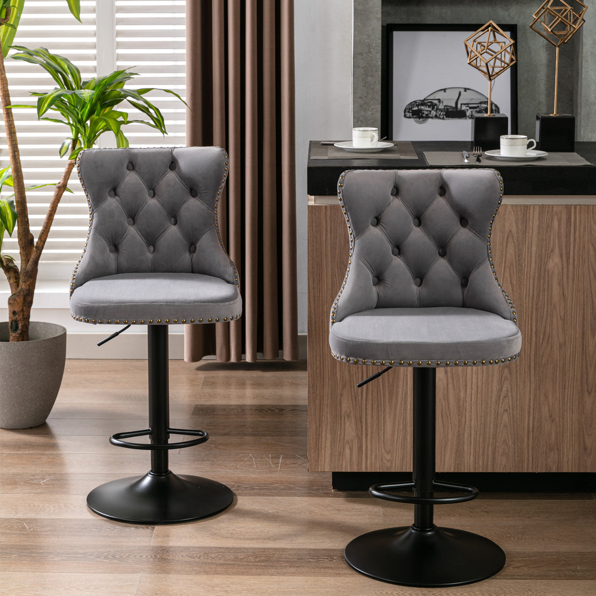 Set of 2 Modern Upholstered Tufted Velvet Armless Bar Stools with Back Rest- Grey