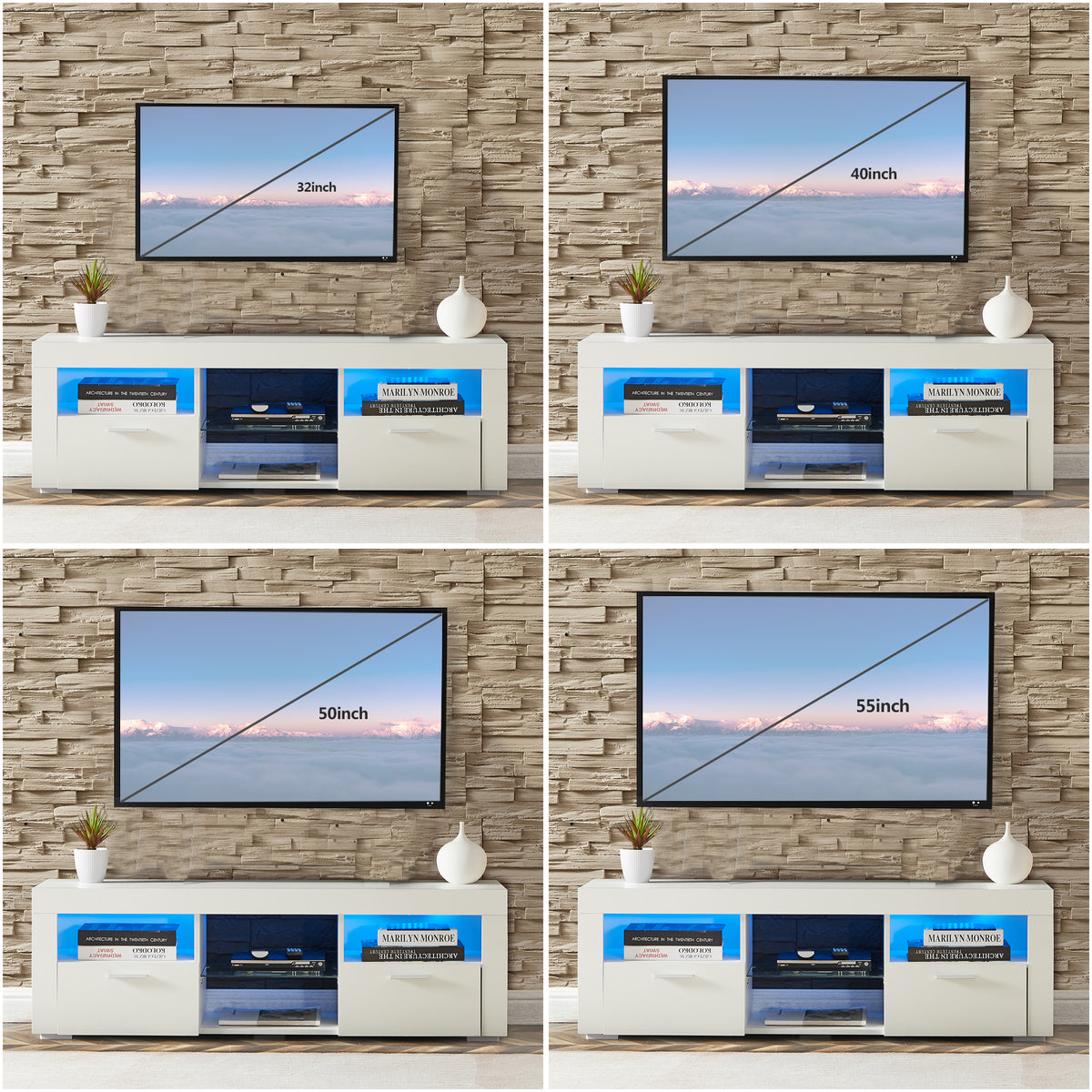 Modern TV Console Storage Media TV High Gloss Organizing Cabinet with LED Light- White
