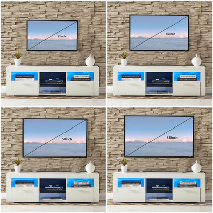 Modern TV Console Storage Media TV High Gloss Organizing Cabinet with LED Light- White