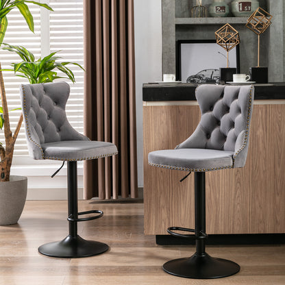 Set of 2 Modern Upholstered Tufted Velvet Armless Bar Stools with Back Rest- Grey