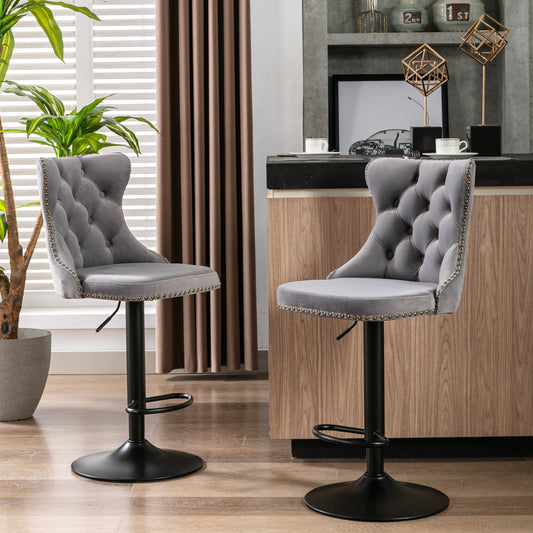 Set of 2 Modern Upholstered Tufted Velvet Armless Bar Stools with Back Rest- Grey