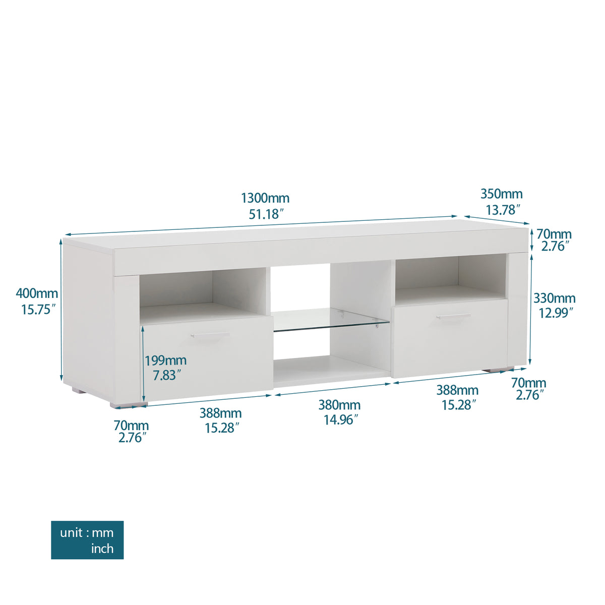 Modern TV Console Storage Media TV High Gloss Organizing Cabinet with LED Light- White