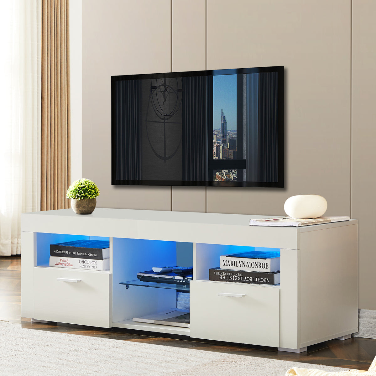 Modern TV Console Storage Media TV High Gloss Organizing Cabinet with LED Light- White