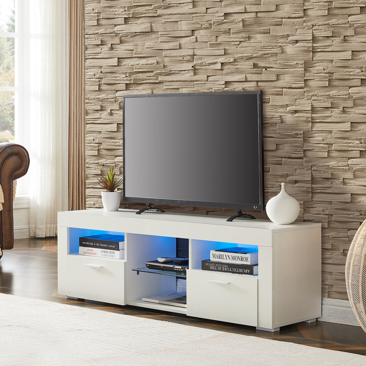 Modern TV Console Storage Media TV High Gloss Organizing Cabinet with LED Light- White