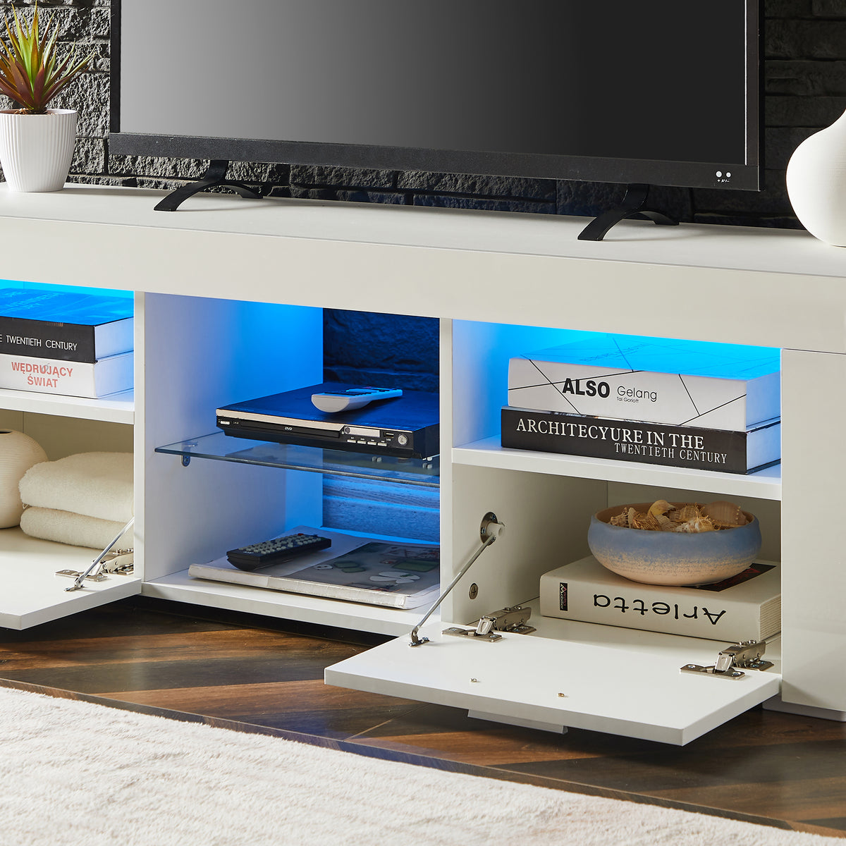 Modern TV Console Storage Media TV High Gloss Organizing Cabinet with LED Light- White
