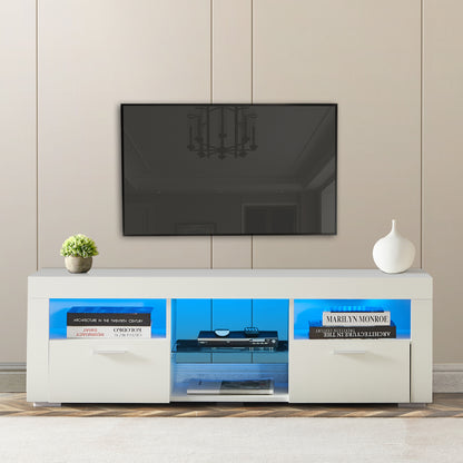 Modern TV Console Storage Media TV High Gloss Organizing Cabinet with LED Light- White