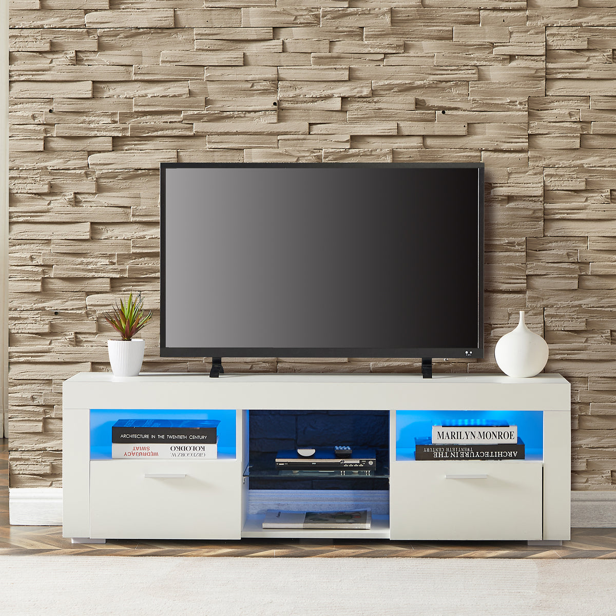 Modern TV Console Storage Media TV High Gloss Organizing Cabinet with LED Light- White
