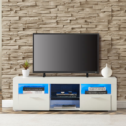 Modern TV Console Storage Media TV High Gloss Organizing Cabinet with LED Light- White