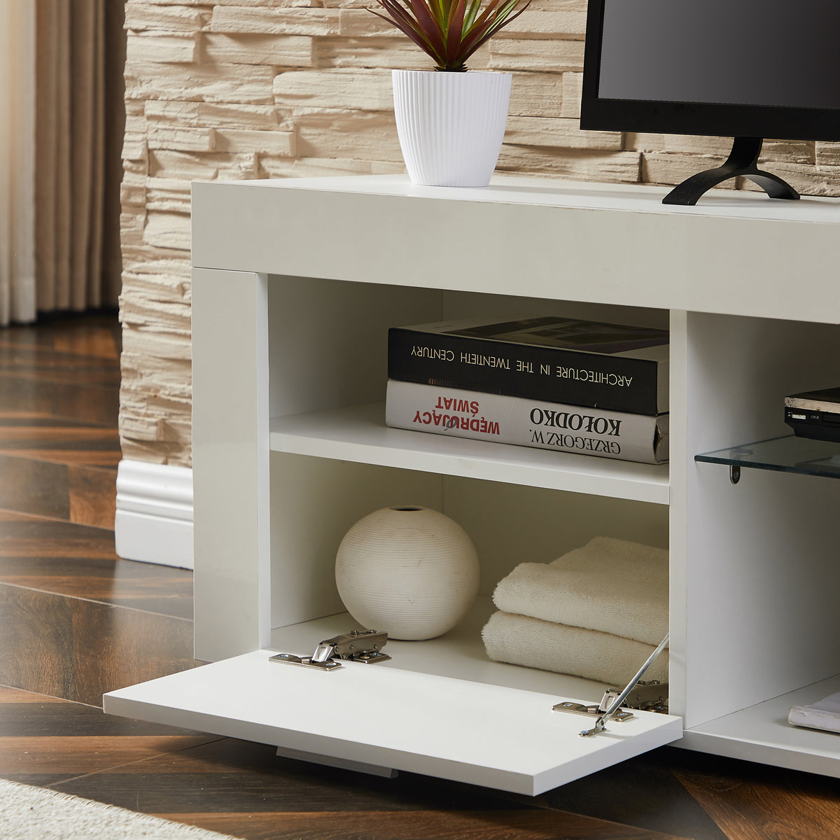Modern TV Console Storage Media TV High Gloss Organizing Cabinet with LED Light- White