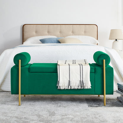 Elegant Upholstered Linen Storage Bench with Cylindrical Arms and Iron Legs- Green
