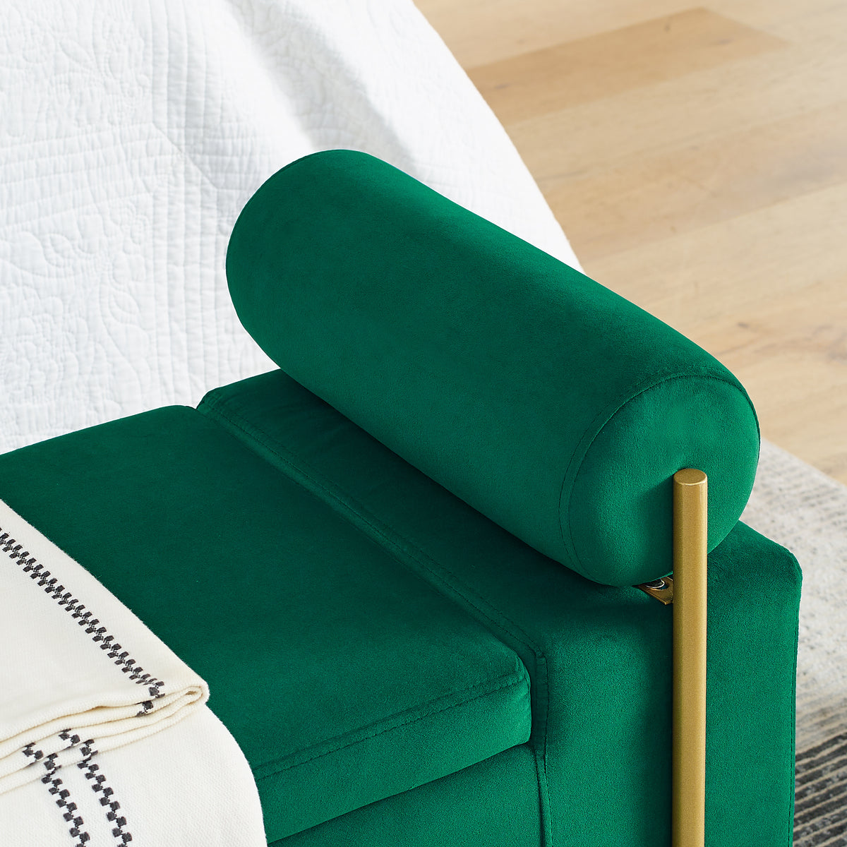 Elegant Upholstered Linen Storage Bench with Cylindrical Arms and Iron Legs- Green
