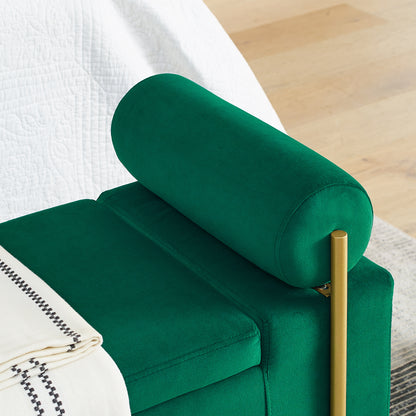 Elegant Upholstered Linen Storage Bench with Cylindrical Arms and Iron Legs- Green