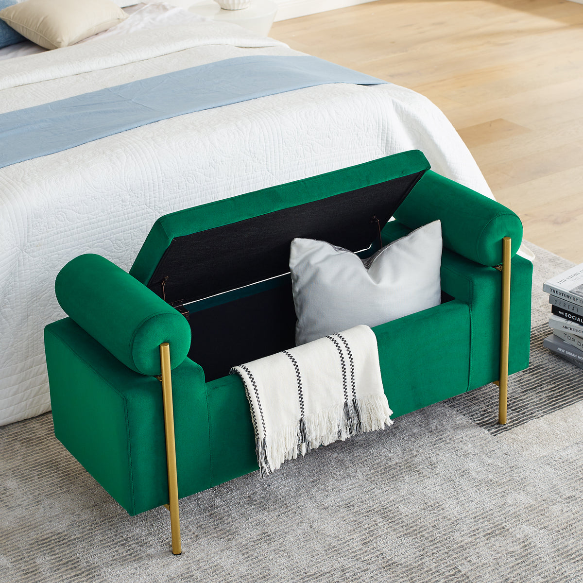 Elegant Upholstered Linen Storage Bench with Cylindrical Arms and Iron Legs- Green
