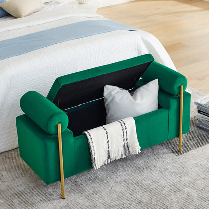 Elegant Upholstered Linen Storage Bench with Cylindrical Arms and Iron Legs- Green