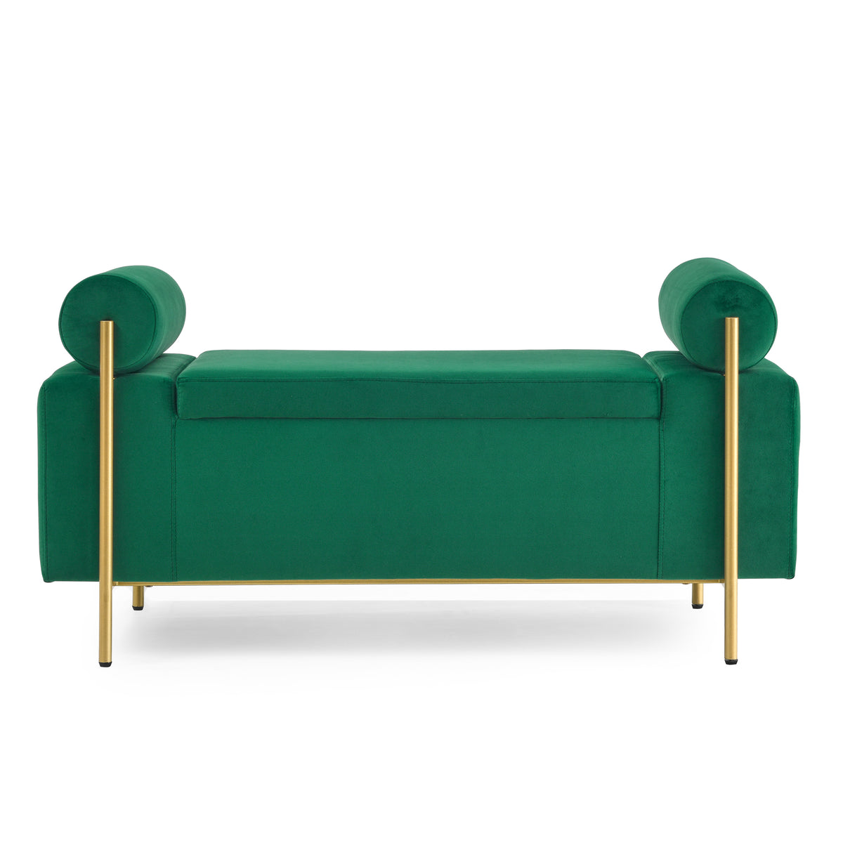 Elegant Upholstered Linen Storage Bench with Cylindrical Arms and Iron Legs- Green