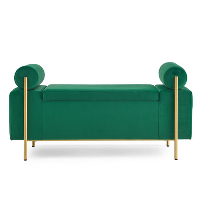 Elegant Upholstered Linen Storage Bench with Cylindrical Arms and Iron Legs- Green
